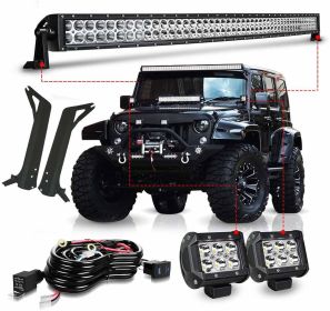 1997-2006 Jeep Wrangler TJ 50Inch Led Light Bar Offroad Light w/Upper Roof Windshield Lower Corner Mounting Brackets + 2PC 4" Led Pods Cube Fog Lights