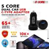 5 Core 2 Pieces Car USB Fast Charger Dual Car Phone Charger IPhone Samsung USB-C Adapter CDKC11 USBC 2Pcs