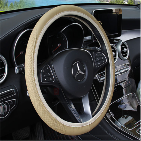 Fiber leather double round steering wheel cover (Color: Beige)