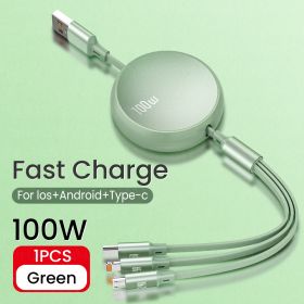 6A 100W 3in1 2in1 Fast USB Cable for Huawei/Honor Retractable Portable 3 in 1 Micro USB Type C Charger Cable For iPhone Samsung (Color: Green, Length: 1.2m)