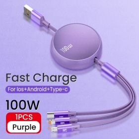 6A 100W 3in1 2in1 Fast USB Cable for Huawei/Honor Retractable Portable 3 in 1 Micro USB Type C Charger Cable For iPhone Samsung (Color: Purple, Length: 1.2m)