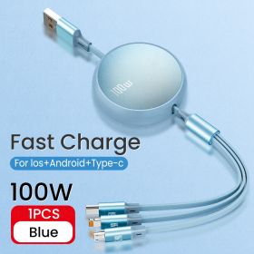 6A 100W 3in1 2in1 Fast USB Cable for Huawei/Honor Retractable Portable 3 in 1 Micro USB Type C Charger Cable For iPhone Samsung (Color: Blue, Length: 1.2m)