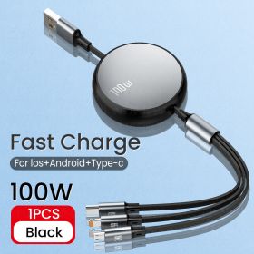 6A 100W 3in1 2in1 Fast USB Cable for Huawei/Honor Retractable Portable 3 in 1 Micro USB Type C Charger Cable For iPhone Samsung (Color: Black, Length: 1.2m)