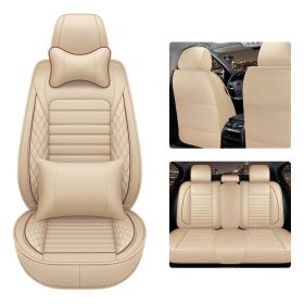 5D 5 Seats Car Seat Covers Full Set Leather Front Rear Back Padded Universal Fit (Color: Beige, Type: 5 Seat Cover w/ Pillow)