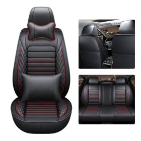 5D 5 Seats Car Seat Covers Full Set Leather Front Rear Back Padded Universal Fit (Color: Black/Red Line, Type: 5 Seat Cover w/ Pillow)